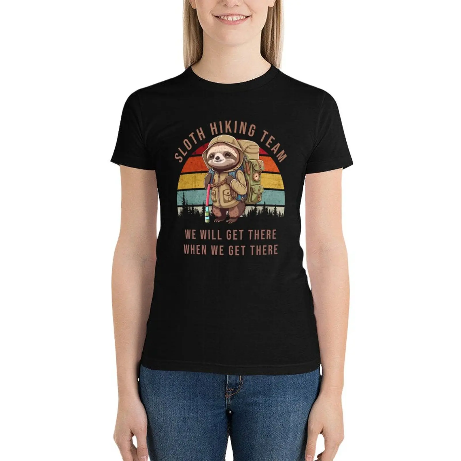 

Sloth Hiking Team - We will get there, when we get there, Funny Vintage T-Shirt summer top Blouse summer clothes for Women