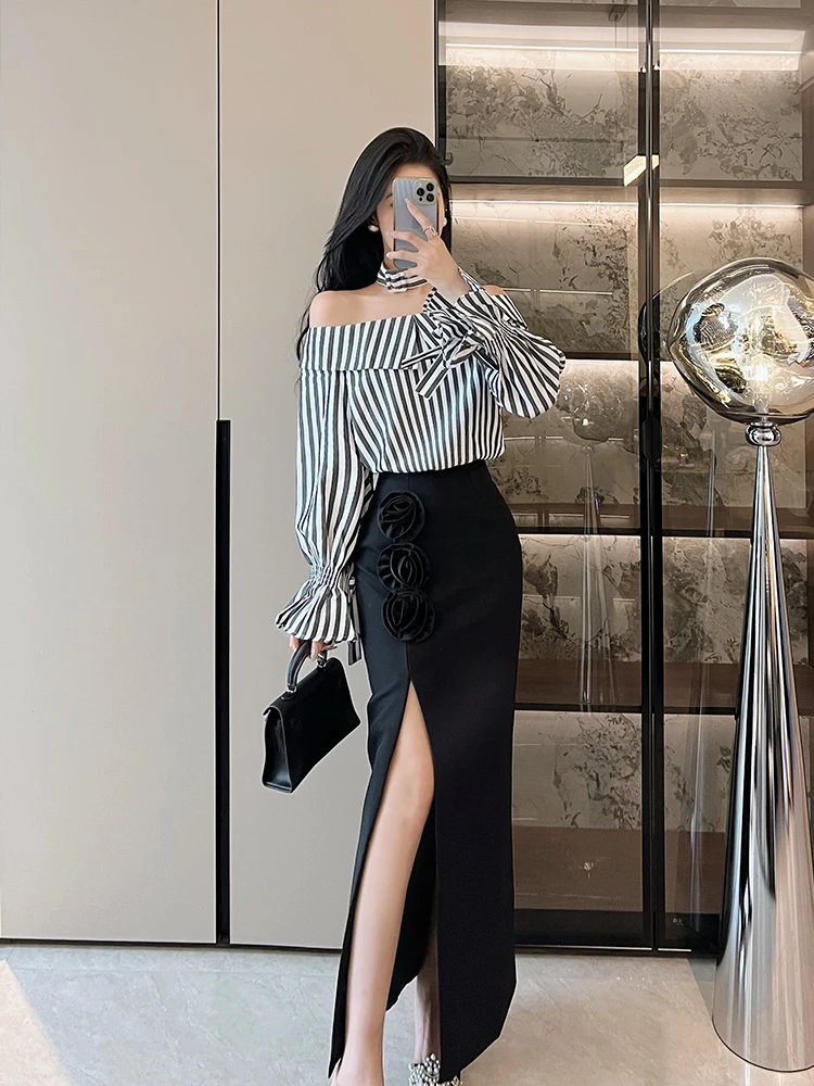 

Spring Autumn 2026 Sexy Shoulder Bared One Shoulder Top High Waist Slimming Split Long Skirt Two Piece Set Women's Fashion