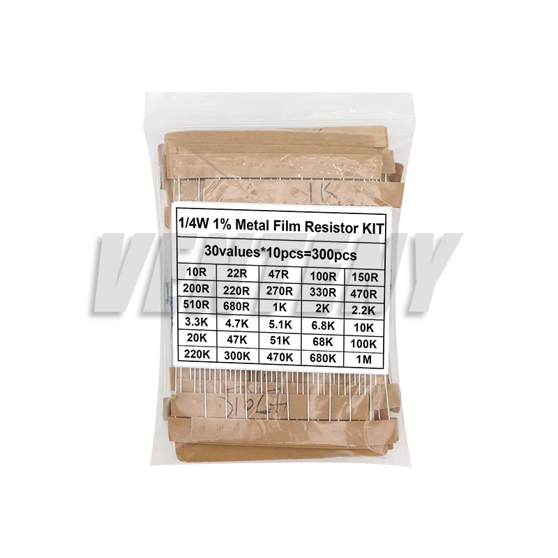 300 buah/lot 1W 1/2W 1/4W 1% Resistor Film logam aneka Kit Resistor = 300 buah Set resistensi 10 Ohm - 1M