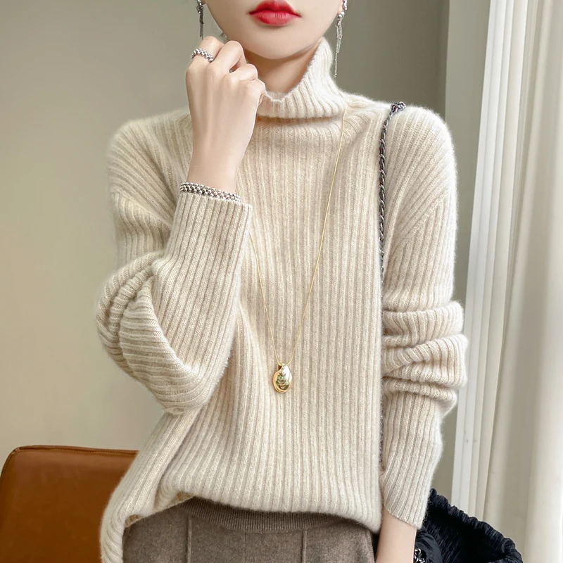 Women 100% Merino Wool Sweater Turtleneck Knitted Vertical Stripes Pullover Autumn Winter Thickened Cashmere Casual Knitwear Top