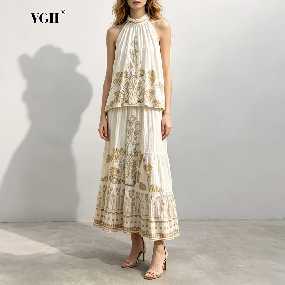 

VGH Boho Casual Travel Printed Two Piece Set for Women Halter Neck Sleeveless Top A Line Style Maxi Dress for Beach Vacations