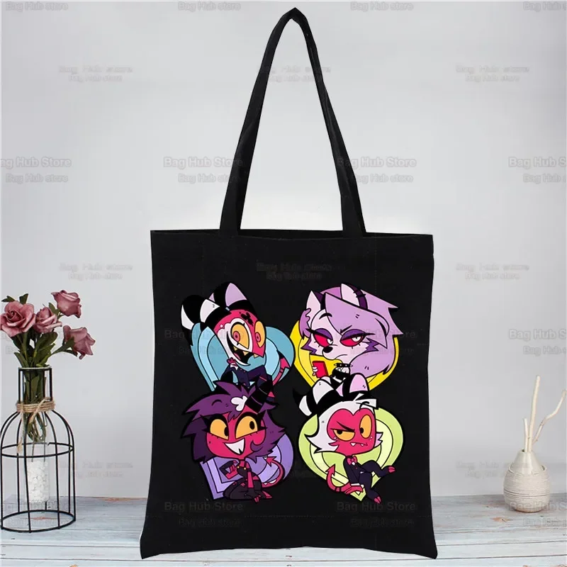 Cartoons Helluva Boss Canvas Tote Bag Mom Reusable Cloth Bag Handbag Shoulder Bags Harajuku Fashion Shopping Black Bags