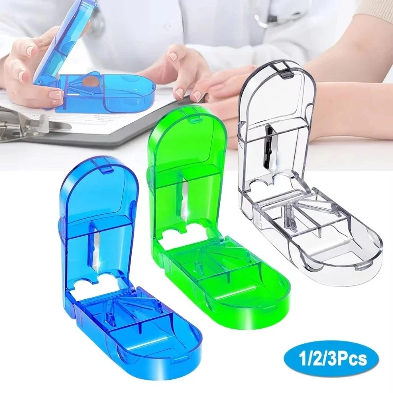 1-3Pcs Rectangular Transparent Medicine Cutter Small Pill Tablet Cutter with Storage Compartment Box Medicine Organizer