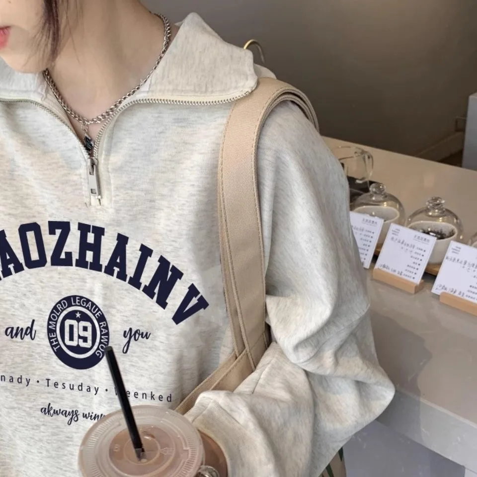 Y2K Hoodies Letter Polo Zipper Collar Women Sweatshirt Spring Autumn Vintage Casual Long Sleeve Hoodie Oversized Grey Tops Teens