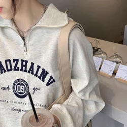 Y2K Hoodies Letter Polo Zipper Collar Women Sweatshirt Spring Autumn Vintage Casual Long Sleeve Hoodie Oversized Grey Tops Teens