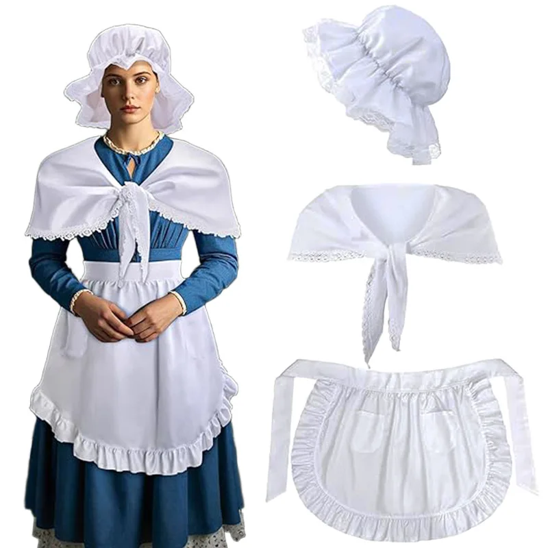 Conjunto de accesorios de disfraz Colonial blanco para mujer, disfraz de sirvienta pionera de pueblo, capó, chal, delantal, 3 unids/set, volantes