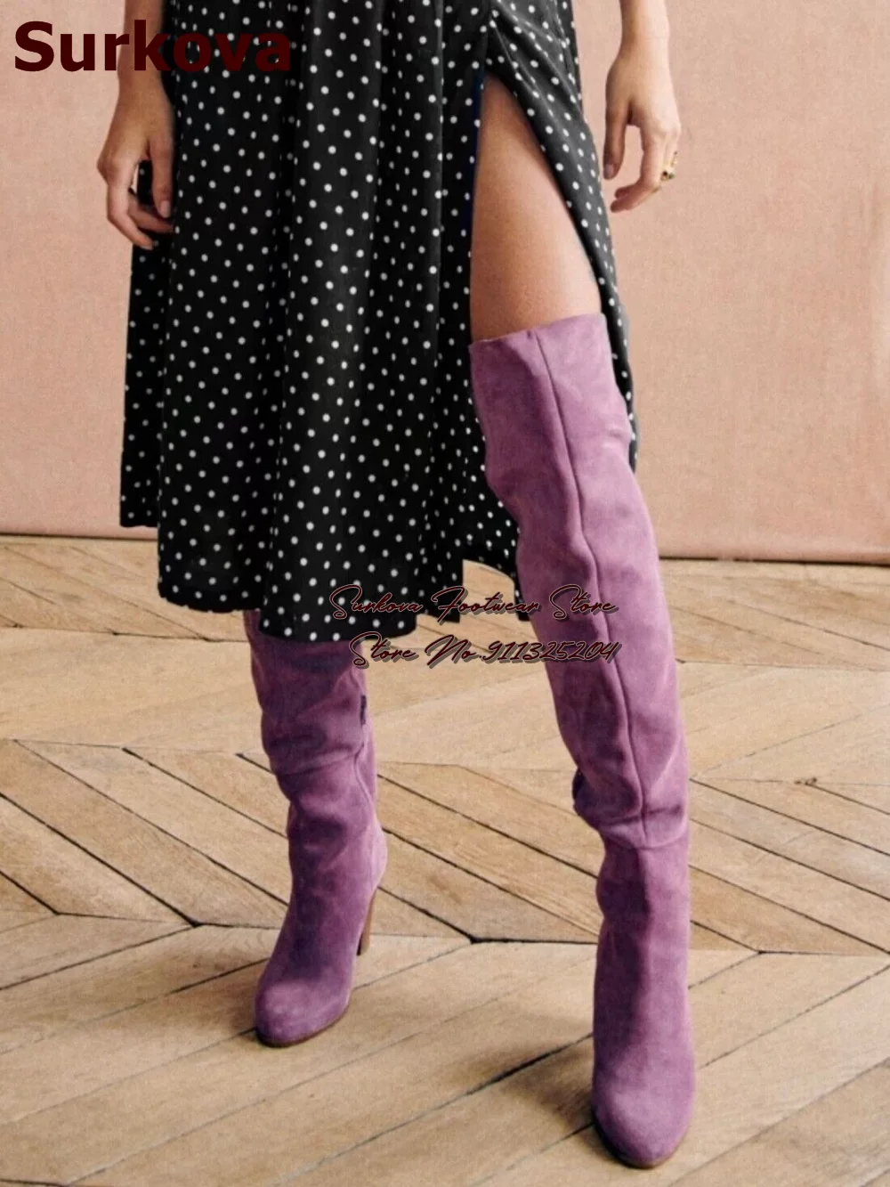 

Surkova Taro Purple Suede Over The Knee Boots Wooden Chunky Heels Long Boots Women Lavender Zipped Long Dress Shoes Size46