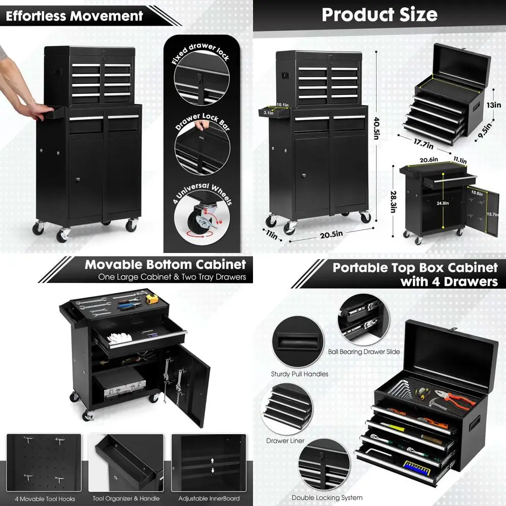 

Portable 5-Drawer Metal Tool Chest with Detachable Box, Lockable Wheels, Hooks, and Liner for Garage and Workshop Storage in Bla