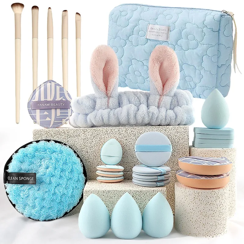 23-piece Beauty Tool Set with Makeup Bag Powder Puffs Hairband Large Travel Combo Round Makeup Remover Puff Makeup Brushes