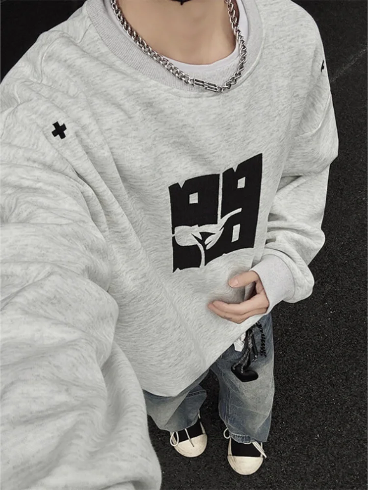 

Retro American Style Oversize round Neck Sweatshirt Men's Spring Autumn Letter Embroidery Casual Comfortable Long Sleeve Top