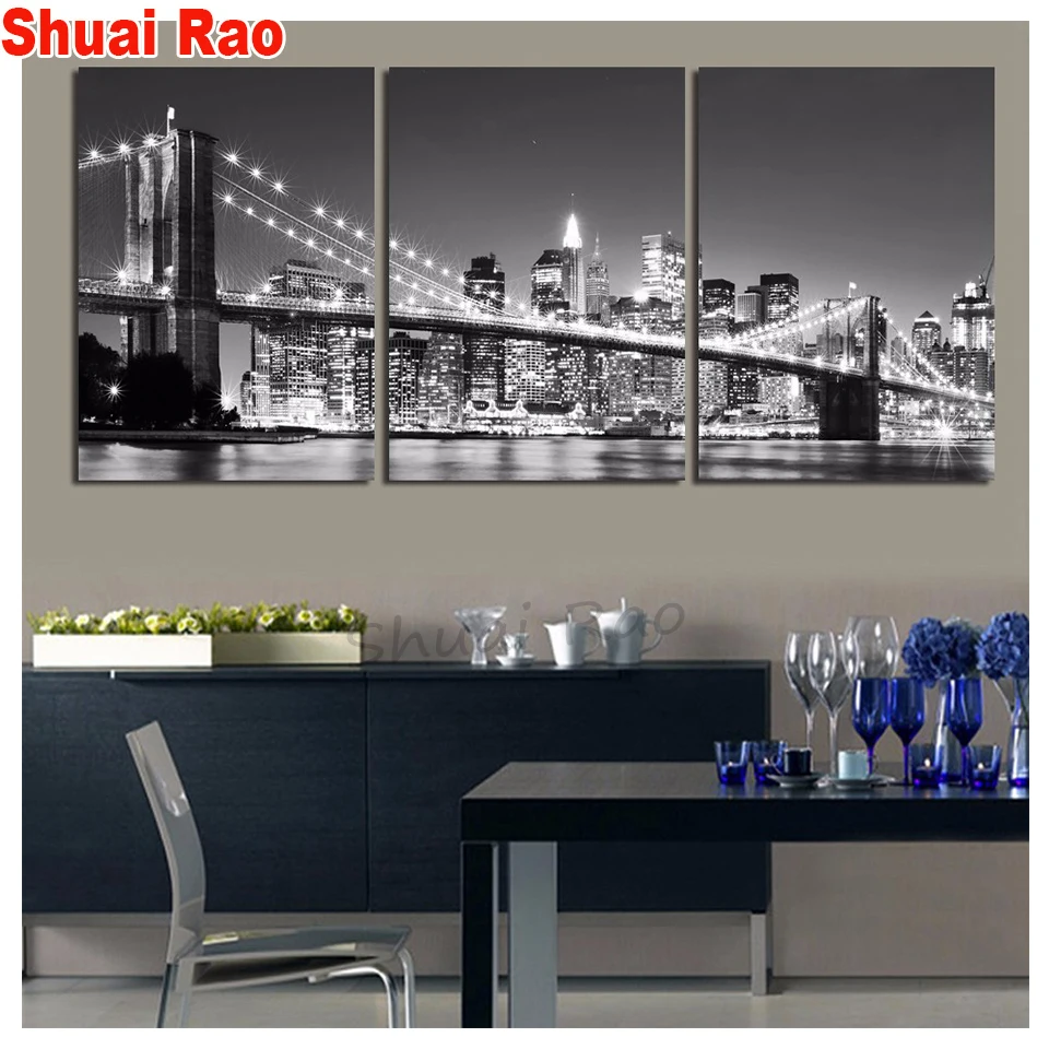 3 Pcs Bridge nightscape diamond painting kits 3d cross stitch mosaic embroidery full round square,black white wall Triptych art,