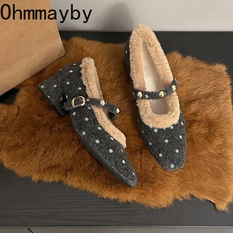 Vintage Womens Polka Dot Mary Jane Shoes Furry Square Toe Block Heel Autumn Winter Warm Plush Lined Dres Pumps - view 5