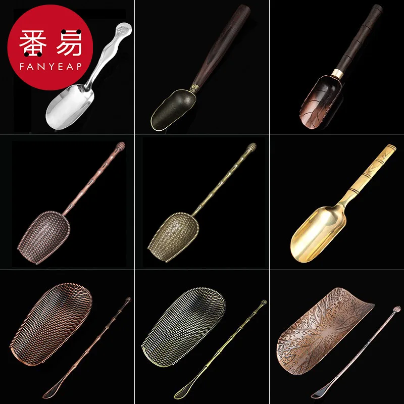 teaspoon A1-ebony teaspoon solid wood copper small long handle tea shovel tea rule Japanese kung fu tea ceremony with