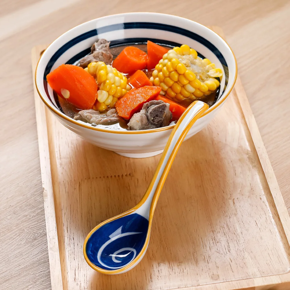 

3Pcs Ceramic Soup Spoons Japanese Style Long Curved Handle Delicate Color Smooth Ramen Pho Udon Household Food Spoon