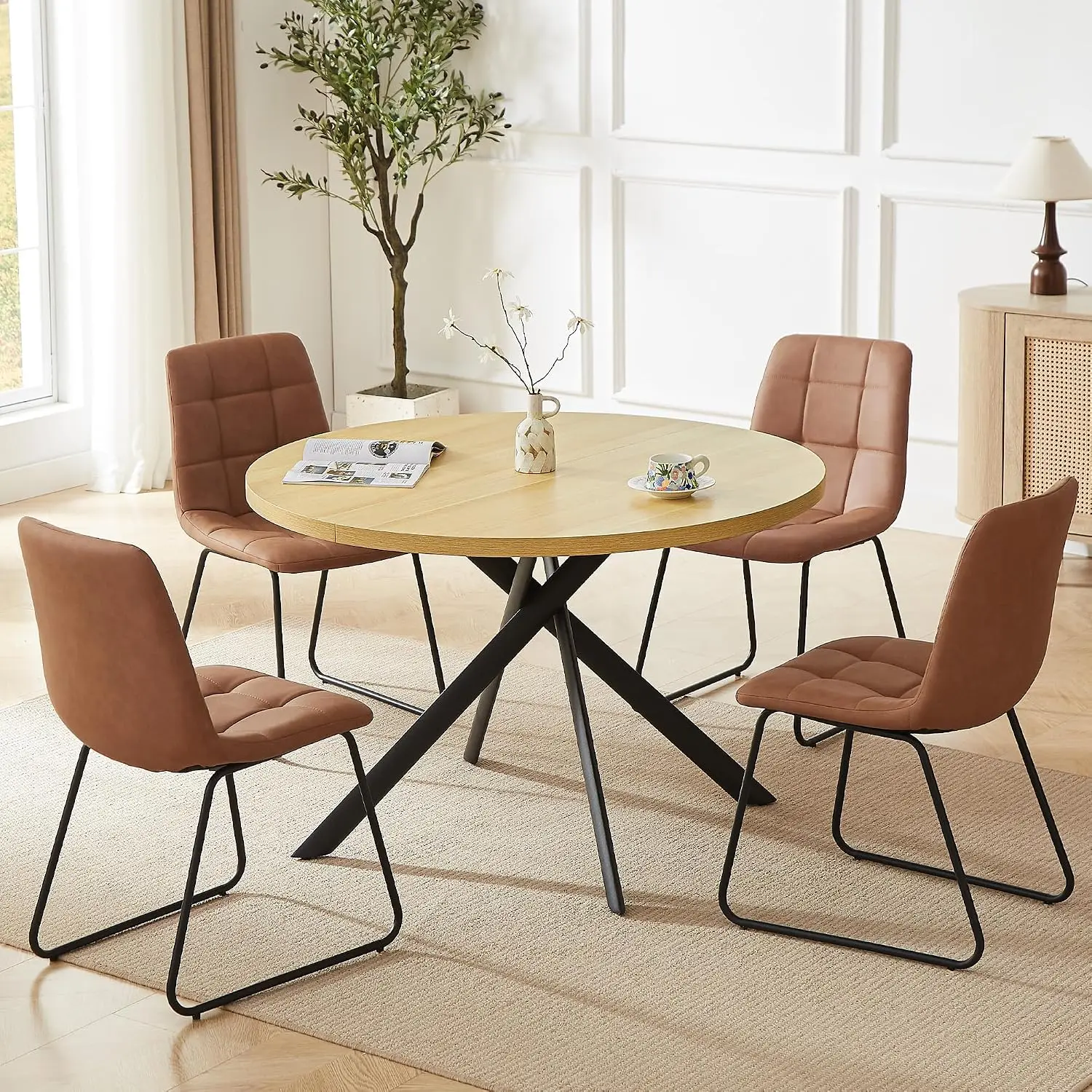 Round Dining Table Set 4 Mid Century Modern Kitchen Coffee Table & 4 U Chairs Apartment Cream Brown, Customized view 2