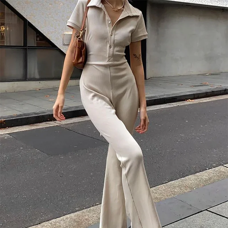POLO Collar Short-sleeved Backless Micro-flared Jumpsuit for Women