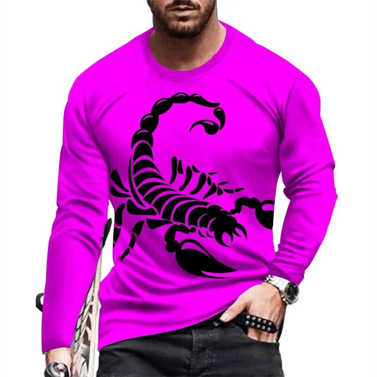 Men\'s Fashion O Collar Long Sleeve Casual Personality Loose 3d Printed Fun Scorpion Print T-Shirt Up To Size Breathable Top