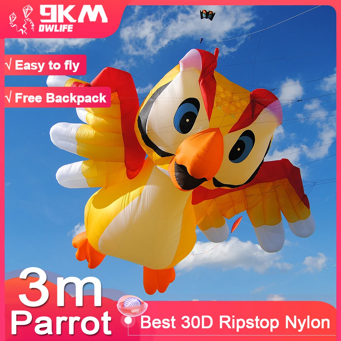 9KM 3m Parrot Kite Soft Line Lavanderia Kite Morbido Gonfiabile 30D Ripstop Nylon per Festival di aquiloni con borsa (accetta all'ingrosso)