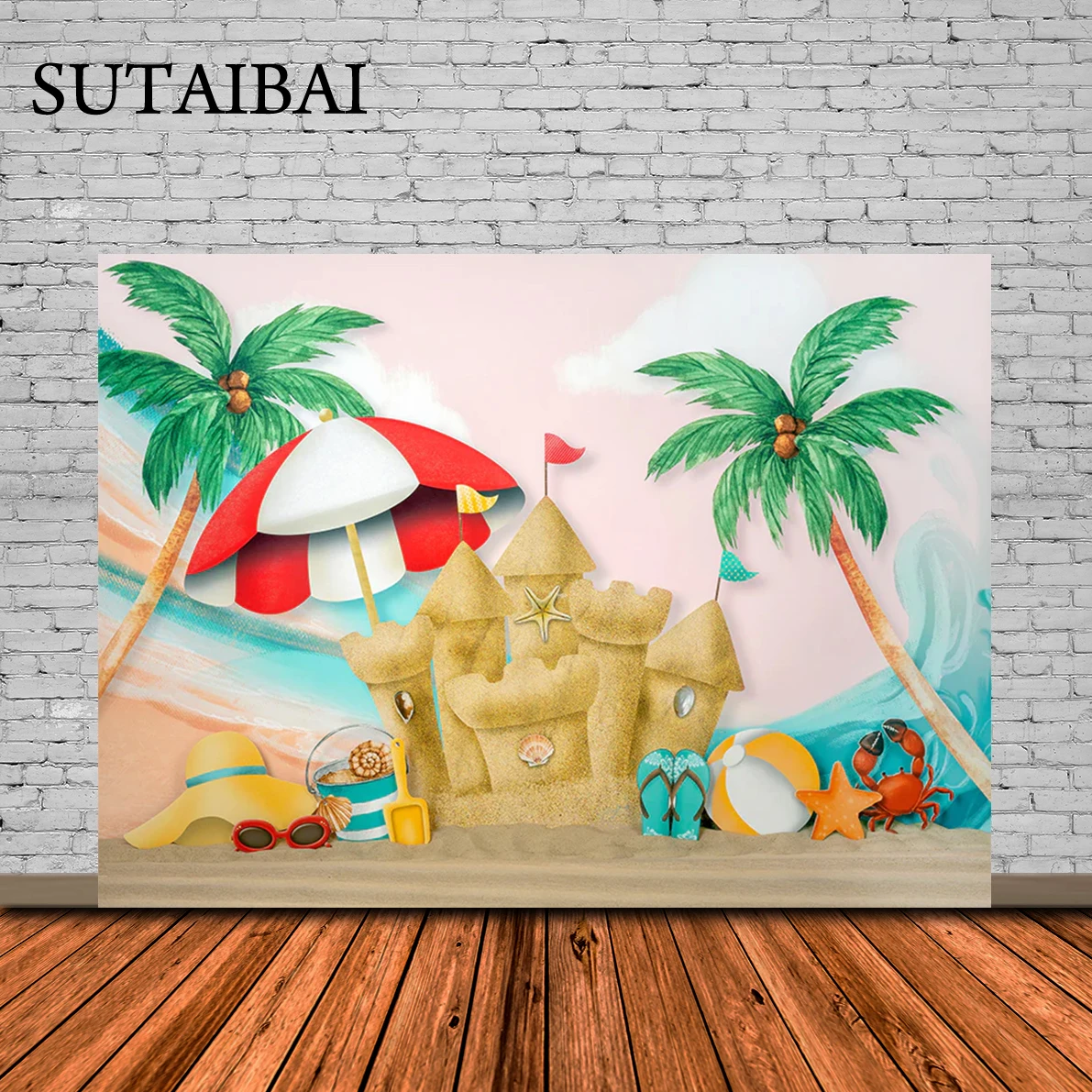 

Summer Tropical Beach Backdrop Hawaiian Luau Aloha Party Seaside Camping Surfboard Ocean Palm Flamingo Photography Background