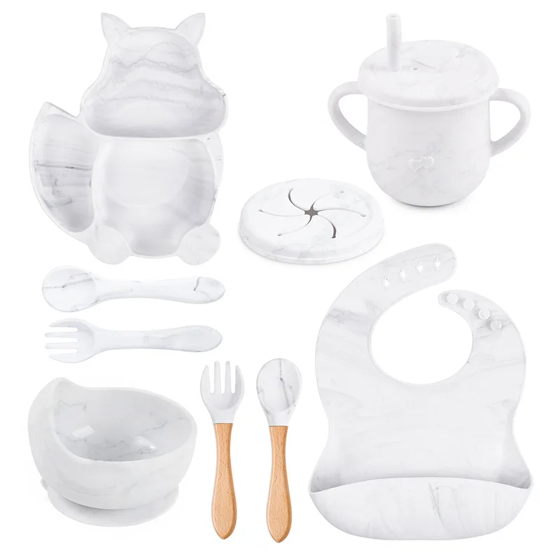 8 Piece Children\'s Squirrel Compartmentalised Silicone Tableware Set Baby Silicone Complementary Food Set Silicone Dinner Plate