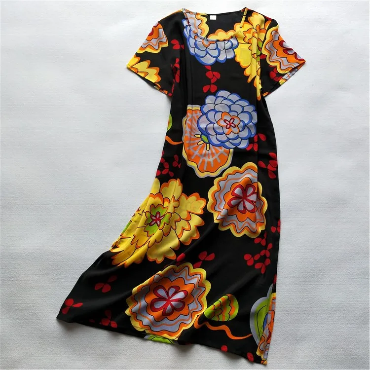 100% Mulberry Silk Dress Summer Beach Large size Women's Clothing T-shirt long Bottoming Shirt