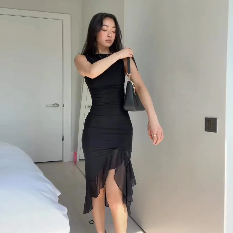 فستان ماكسي نسائي لطيف صيفي أنيق بدون أكمام وخصر نحيف بدون ظهر مكشكش فساتين حفلات غير منتظمة ملابس الشارع