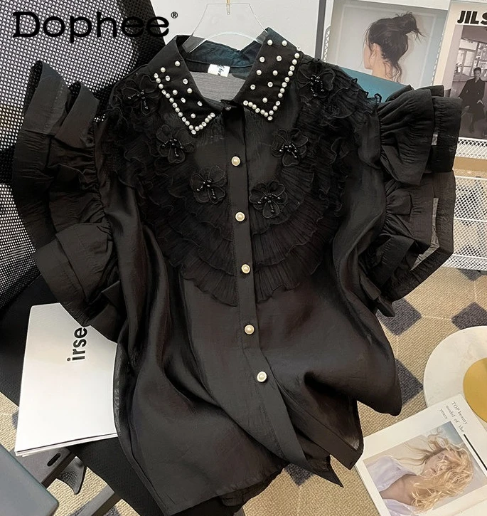 

French Style Exquisite Rhinestone Beaded Ruffled Shirt Women 2024 Summer New Flying Sleeves 3D Flowers High-Grade Chic Top