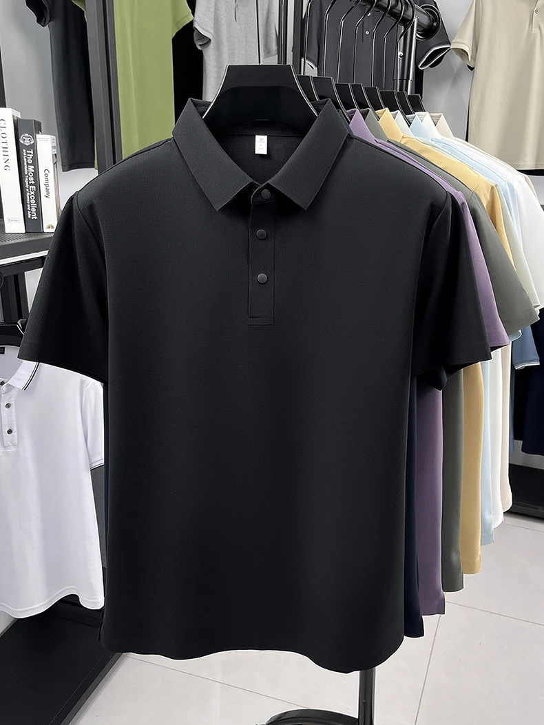 Hochwertiges Eisseide-Kurzarm-Poloshirt für Herren, klassisches einfarbiges, atmungsaktives Business-Casual-T-Shirt, neues Luxus-Oberteil für den Sommer. – Detail 32