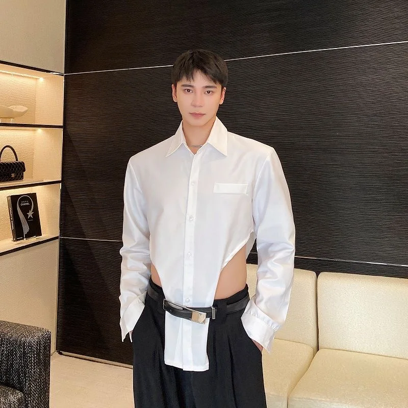 Men Senior Waist Cutout Design Shirts Tops Male Spring Handsome Hot Sexy Blouse Gentlemen Date Charm Festival Party Club Tops