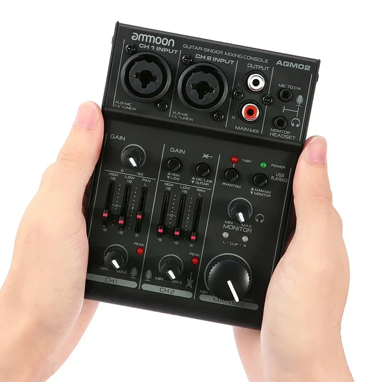 

AGM02 Mini 2-Channel Sound Card Mixing Console Digital Audio Mixer 2-band EQ for Home Studio Recording DJ Network Live