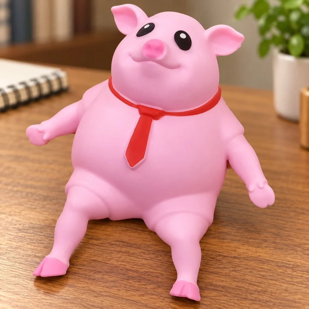Pink Pig Squishy Toy Soft TPR Sand Filled Red Tie Funny Seated Animal Squeeze Fidget Desktop Companion Gift for Teens and Adults