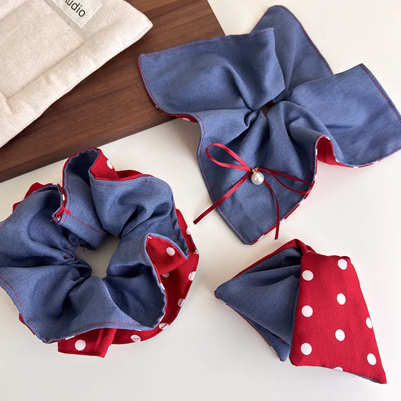 

Scrunchie Navy Red Colorblock Polka Dot Reversible Double Sided Elastic Ponytail Holder for Girls Preppy Cute Indie Style