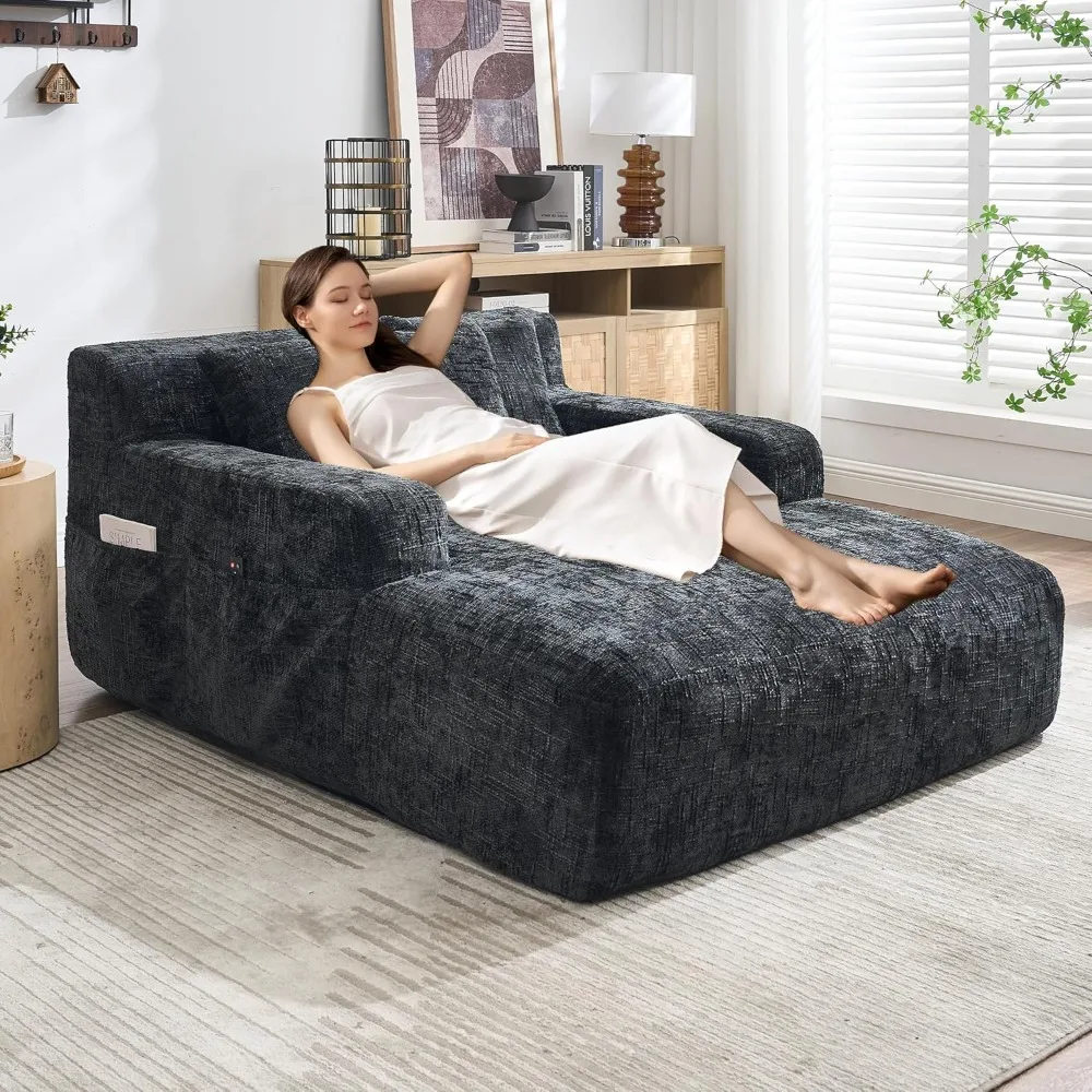 

Oversized Chaise Lounge Chair Indoor, Comfy Lounge Sofa Upholstered Chenille Cloud Couch with 3 Pillows and Storage Pockets, Sle