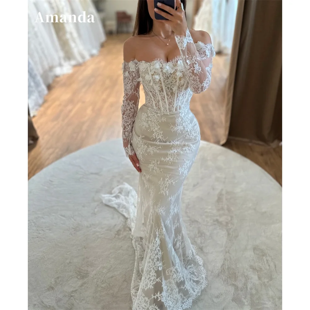 

Amanda Customized White Mermaid Lace Embroidery Prom Dresses Corset Sheer Sleeves vestidos de noche Floor-Length Formal Evening