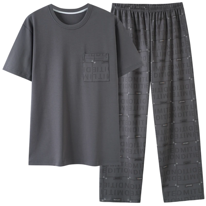 Big Size M-4XL Men Short Sleeve +Long Pant Pajamas Set Summer 100% Cotton Pyjama Male Casual Solid Sleepwear