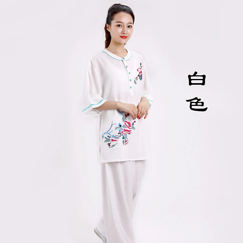 Women's New Arrival Linen Cotton Tai Chi Suit Summer Short Sleeve Embroidered Martial Arts Performance Wear 2-Piece Set for Adul
