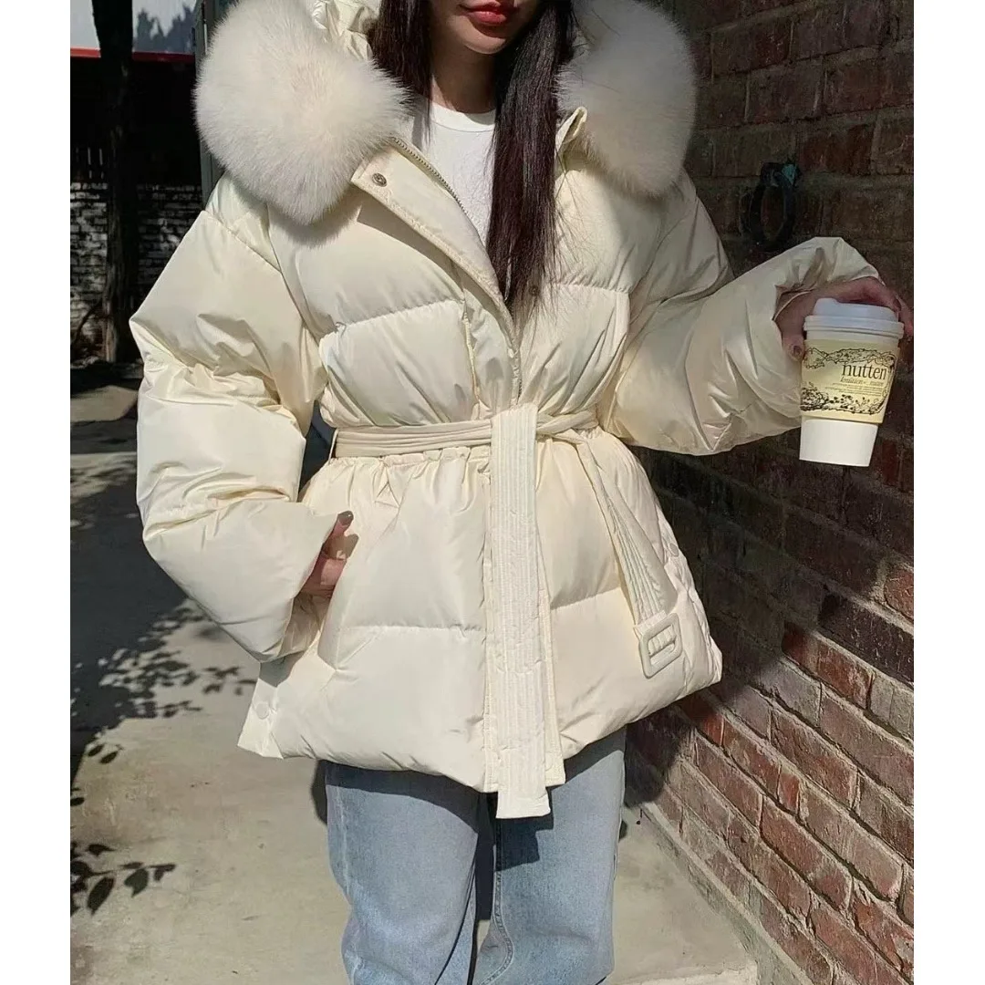 

Women's Chic Winter Cotton Jaet with Fur Collar Waist Belt Slimming Warm Du down Hand-Paed Cotton Top Korean Sle