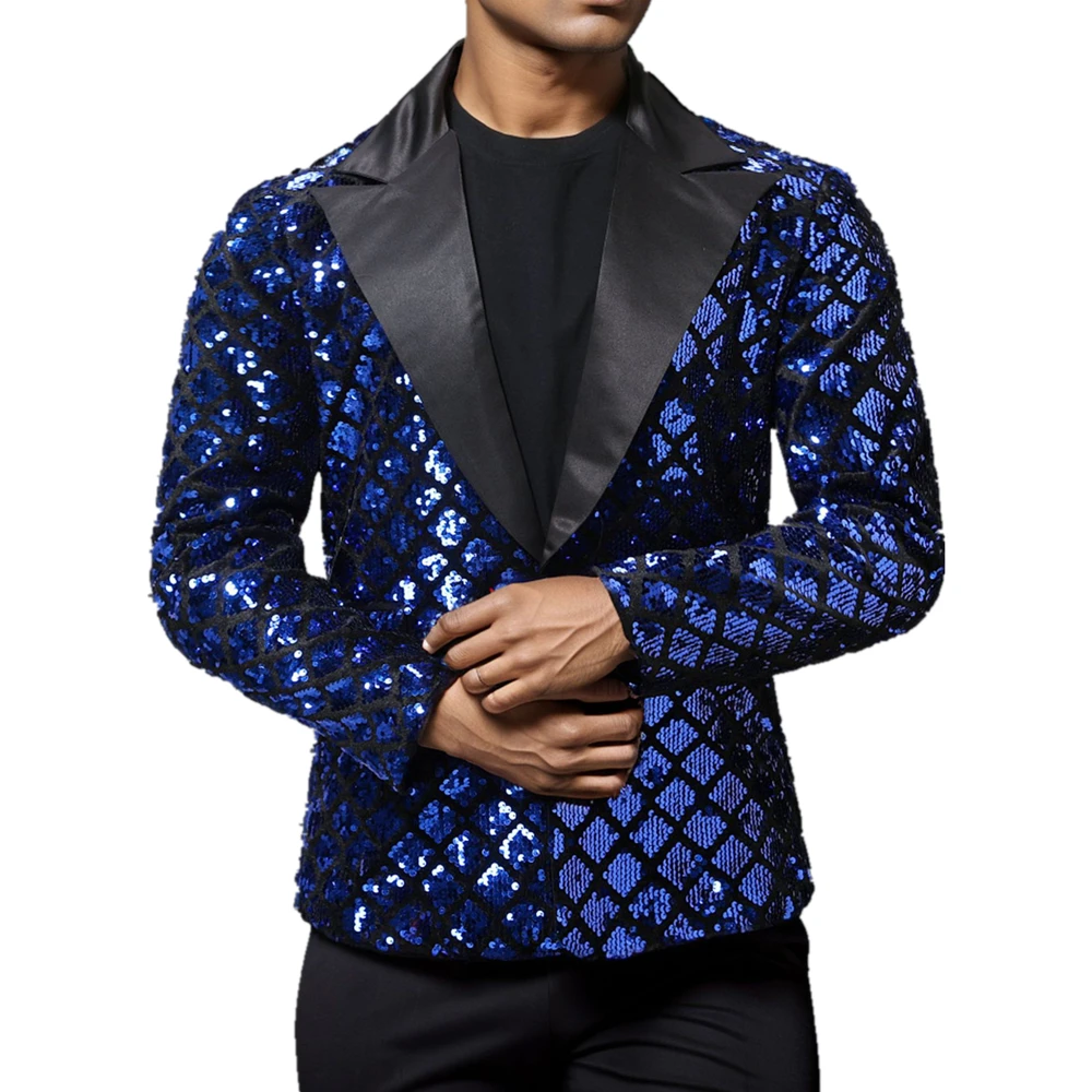 Men\'s Gold Shiny Sequins Suit Jacket, Wedding Performance Jackets, Party Dress Coat, Silver Blue Black Blazers, S, M, L, XL, XXL