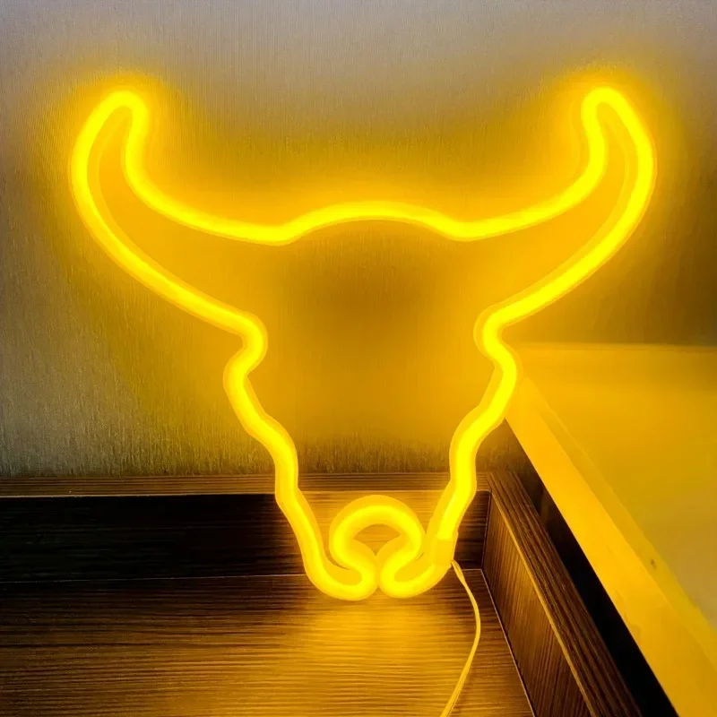 Yellow LED Bull Neon Sign Animal Cow Head Wall Night Light for Room Party Shop Club Pub Wall Festival Decor Birthday Gifts