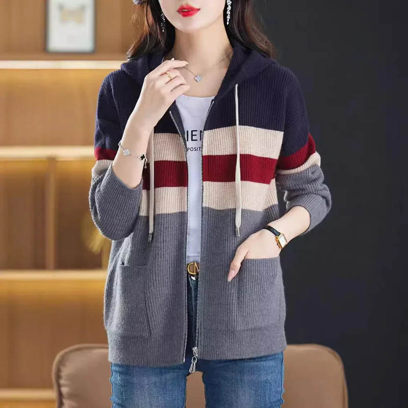 Zipper Knitted Cardigan Sweater Outer Wear Women New Coat Hooded Sweatshirt Large Size Outer Sweaters