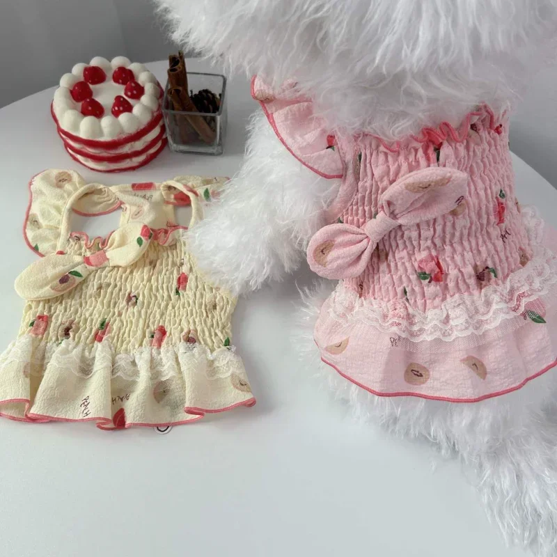 

Dogs Clothing Cat Ruffle Flutter Sleeve Lace Dress Dog Clothes Kawaii Chiffon Strawberries Small Korean Fashion Summer Pet Items