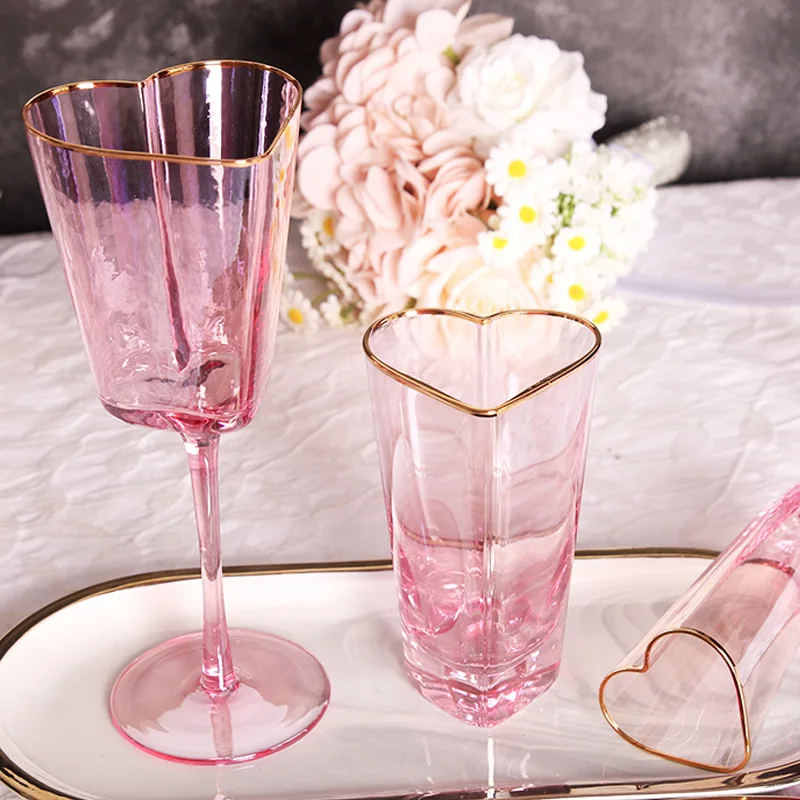 Pink Hammered Phnom Penh Red Wine Glasses Heart-shaped Barware Set Champagne Glasses Juice Glass Mug Goblets