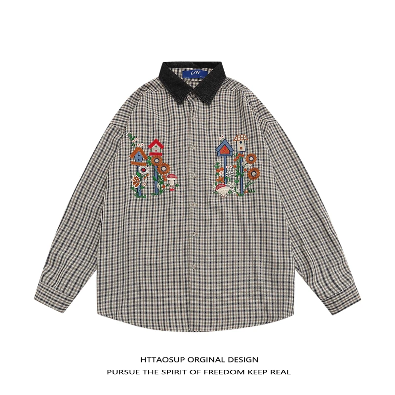 

HTTAOSUP Ретро японский клетчатый длинный све джинсовый воротник свободный ex irt молодежная мода из полиэфирного волокна осенняя одежда