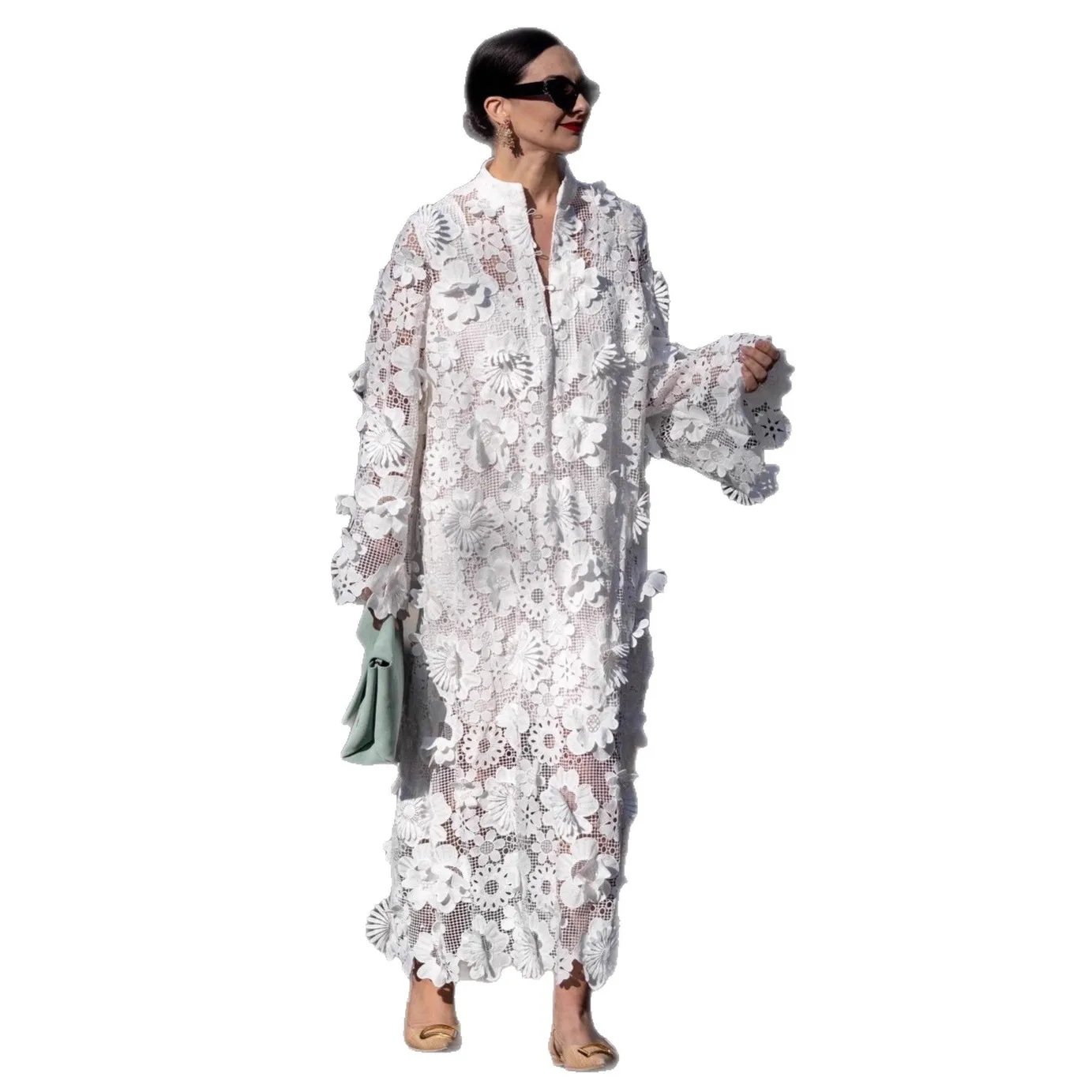 Fashion Hollow Out Solid Color Round Neck Long Sleeve Loose Dress Dresses Spring Summer