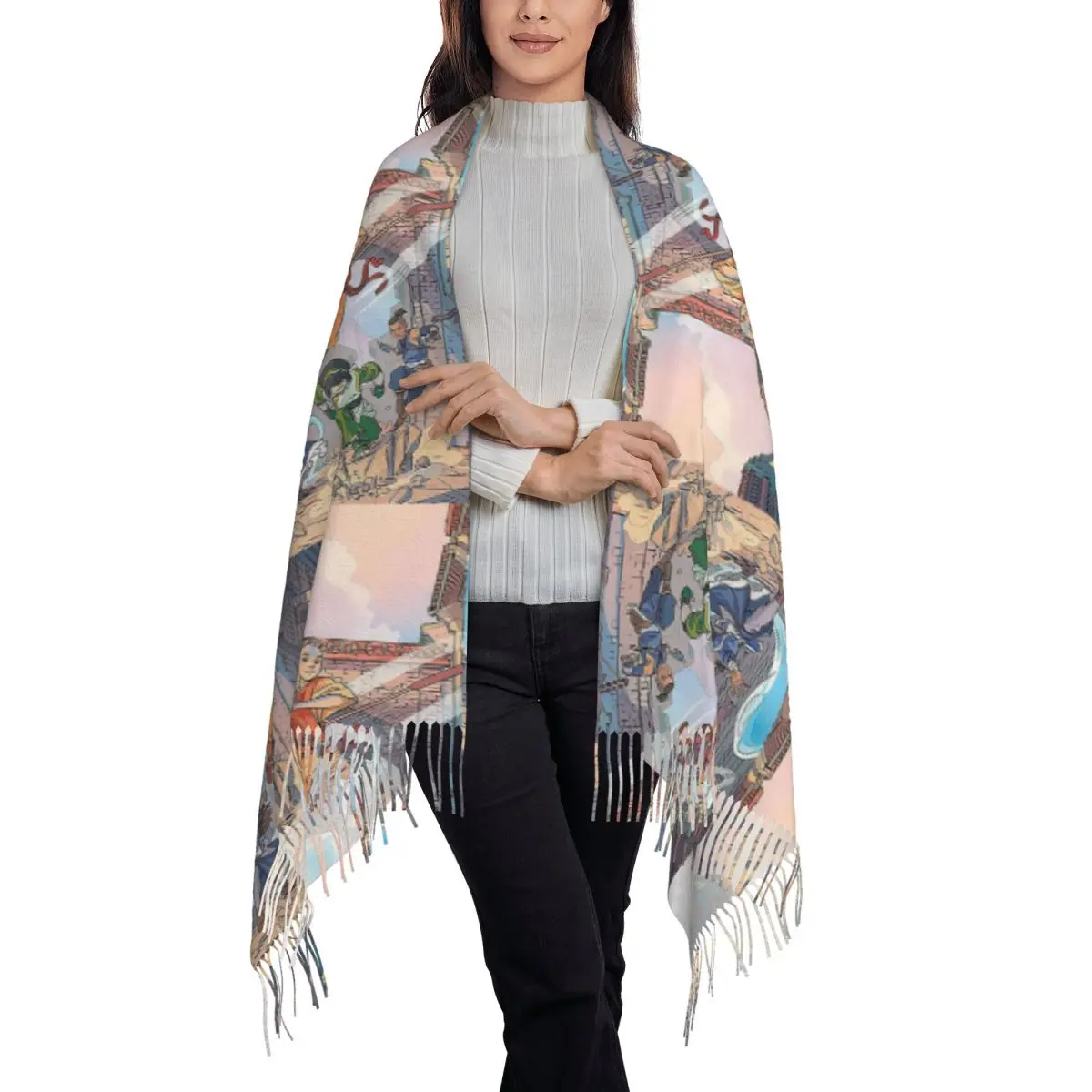 Design Avatar Aang Scarf Tassel Scarves Women Soft Warm Shawls and Wraps Large Fall Winter Shawl Wrap