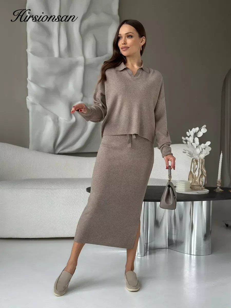 Hirsionsan Elegant Soft Vintage Women Dresses Suits 2 Pieces Female Skirt Sets O Neck Sweater & Midi Dress Knitted TrackSuit