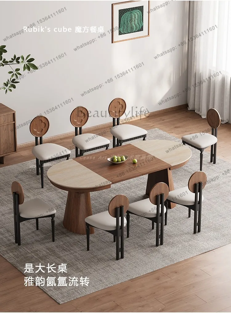 

Travertine rock slab multi-functional dining table invisible foldable dining table light luxury small apartment retractab