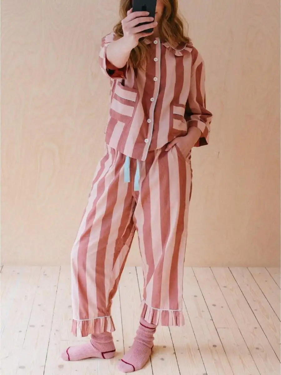 Women Striped Two Piece Pajama Set Long Sleeve Button Down Shirt Sleepwear