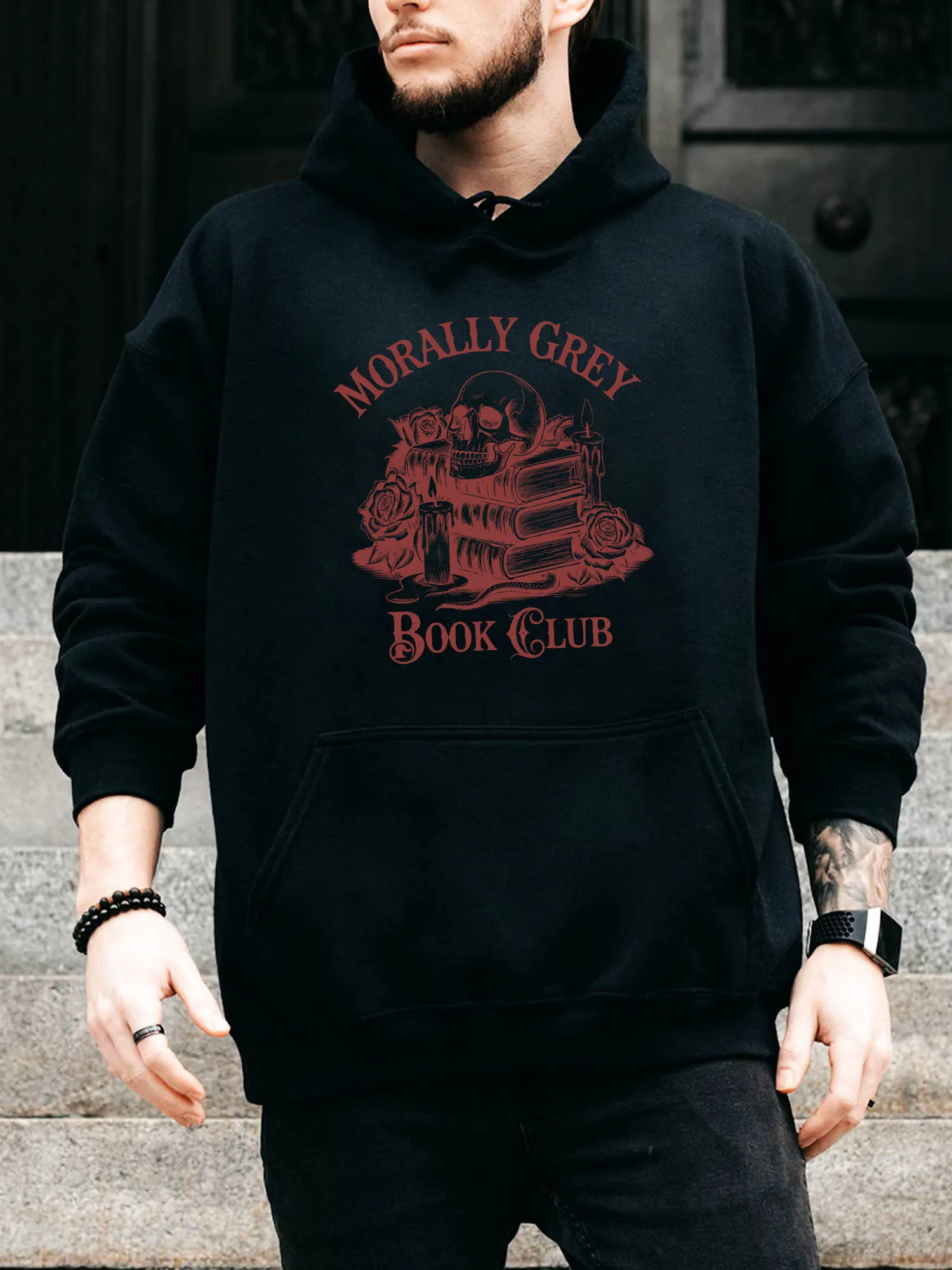 سترة بغطاء للرأس برباط للرجال باللون الرمادي الأخلاقي - بلوفر أسود مريح كاجوال، سترة بغطاء للرأس للخريف والشتاء