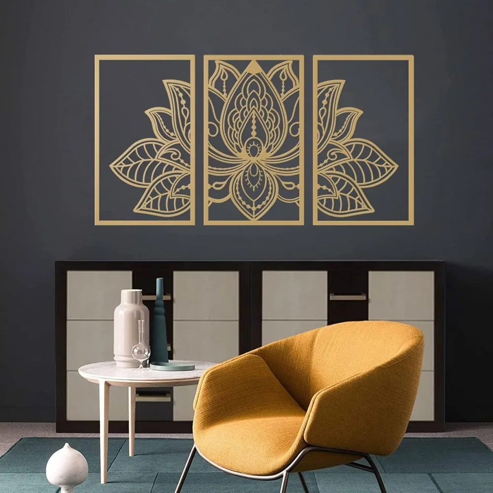 CIFBUY Metal Wall Art 3pcs Lotus Blossom Mandala Sculpture Golden Iron Hanging Decor For Yoga Studio Living Room